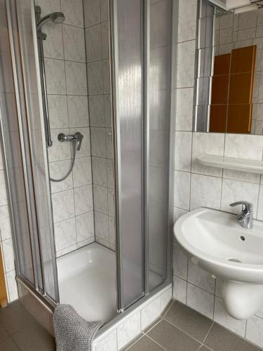 a bathroom with a shower and a sink at Appartement 7 in Hilter in Hilter am Teutoburger Wald