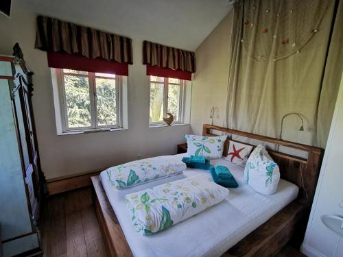 a bedroom with a bed and two windows at HR Cottage am Honigbach in Coesfeld