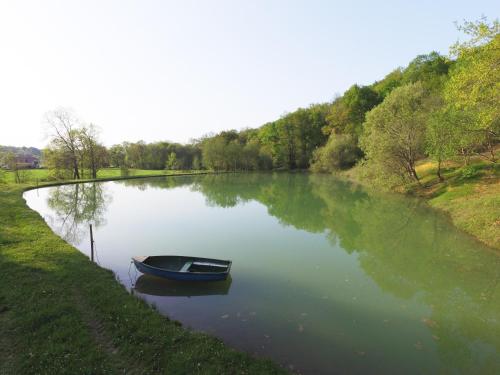 a boat sitting in the middle of a river at Les Cabanes du Lac - SPA - Petit Déjeuné - Cabane du frêne & Cabane du chêne Premium in Sévignac-Thèze