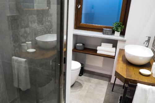 a bathroom with a shower and a toilet and a sink at Locanda Vecchio Cipresso in Chiaverano