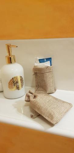 a bathroom counter with a soap dispenser and a sink at Maison Ligea in Sorrento
