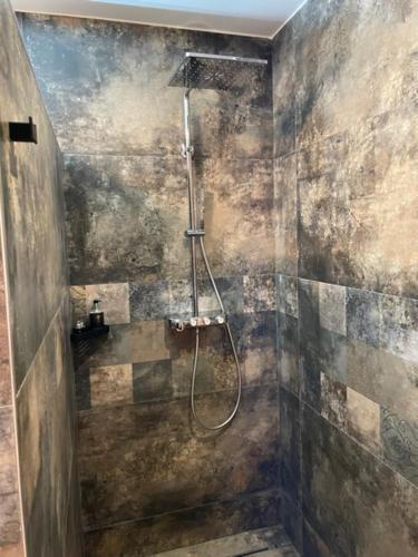 a bathroom with a shower in the corner of a room at New York Pension in Dunajská Streda