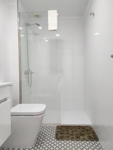 a white bathroom with a toilet and a shower at ACAPULCO AMAZING VIEWS. POOL. FREE WIFI in Playa Fañabe