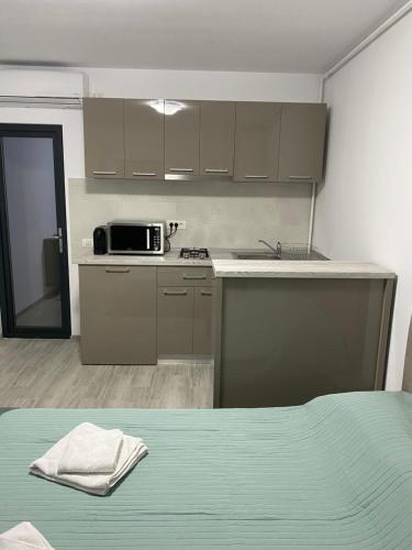 a small kitchen with a sink and a microwave at Studio Ra Mamaia-Nord in Mamaia Nord