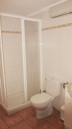 a white bathroom with a toilet and a shower at Apartaments la Fabrica in Horta de San Joan