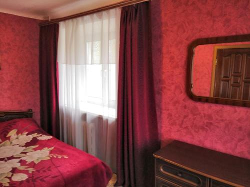 ジェルジンスクにあるApartment on Chapayeva 39のベッドルーム1室(ベッド1台付)、窓(鏡付)