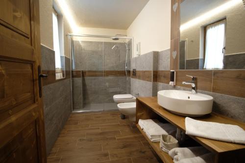 a bathroom with a sink and a toilet and a shower at Hotel Granta Parey in Rhêmes-Notre-Dame