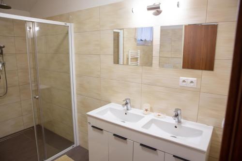 a bathroom with a sink and a shower at Vila Hanka in Lipno nad Vltavou