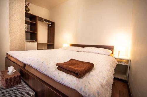 Un dormitorio con una cama con una toalla marrón. en Penzion Marhulka, en Dolní Věstonice