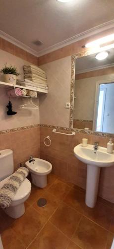 a bathroom with a toilet and a sink and a mirror at Apartamento Villananitos in San Pedro del Pinatar