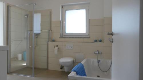 シュトックアッハにあるFeWo Aidaのバスルーム(シャワー、トイレ、シンク付)
