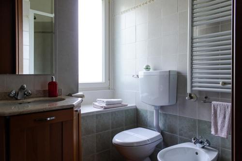 a bathroom with a toilet and a sink and a mirror at La Vecchia Cantina in Stradella