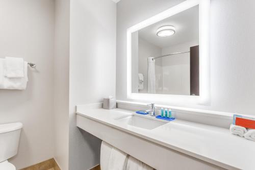 Baño blanco con lavabo y espejo en Holiday Inn Express Hotel & Suites Eau Claire North, an IHG Hotel, en Lake Hallie