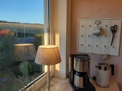 a room with a window and two lamps and a coffee maker at Auszeit Rheingauer Rosengasse in Johannisberg