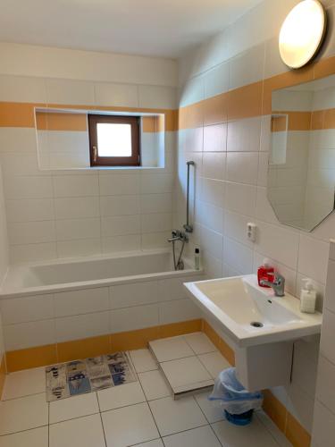 a bathroom with a sink and a bath tub at Apartmán Alva 3 in Mikulov