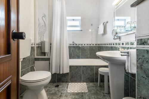 a bathroom with a toilet and a sink and a tub at Hotel Colmeia in Monte Real