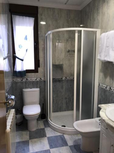 a bathroom with a shower and a toilet and a sink at El Paseo ATV in Riópar