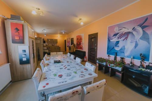 a dining room with a long table and chairs at Hostel Denisa in Buzau