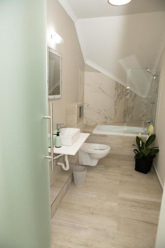 a bathroom with a sink and a toilet and a tub at Casa Anabeca in Baile Felix