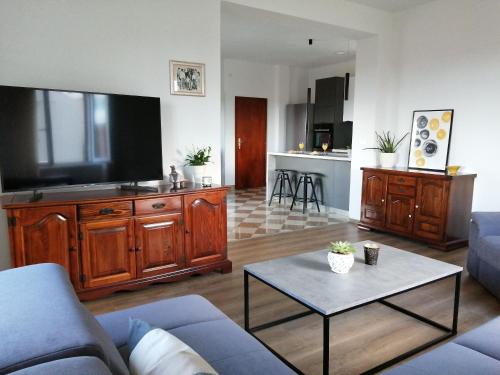 a living room with a couch and a flat screen tv at Apartments Jelka in Postira