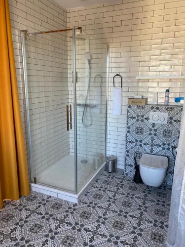 a bathroom with a shower and a tub and a toilet at La Rochelle et l'Aunis in Saint-Sauveur-dʼAunis