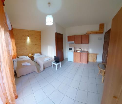 a living room with two beds and a kitchen at Nefeli Apartments Ορεστιάδα in Orestiada
