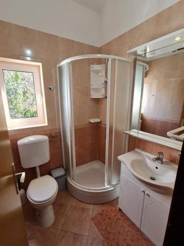 a bathroom with a shower and a toilet and a sink at Apartments NEF in Pinezici