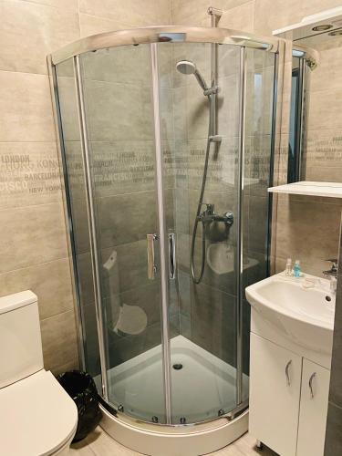 a shower in a bathroom with a toilet and a sink at Готель «ТАВЕРНА» in Ovruch