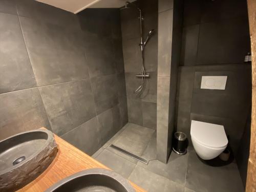 a bathroom with a shower with a toilet and a sink at B&B de Keinsmer in 't Zand