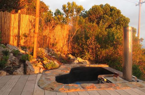 a hot tub in a garden next to a fence at Ridge House in Hermanus