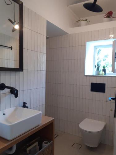a bathroom with a sink and a toilet at Maria’s Cottage House in Kalymnos
