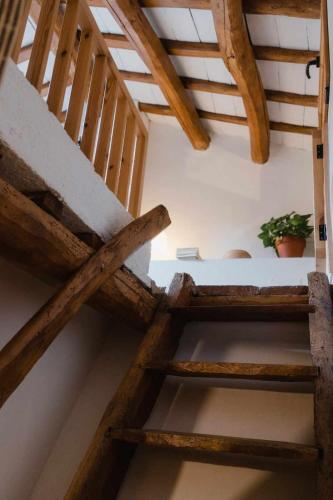 two wooden stairs in a room with a plant at Ca lEspavil in Cardedeu