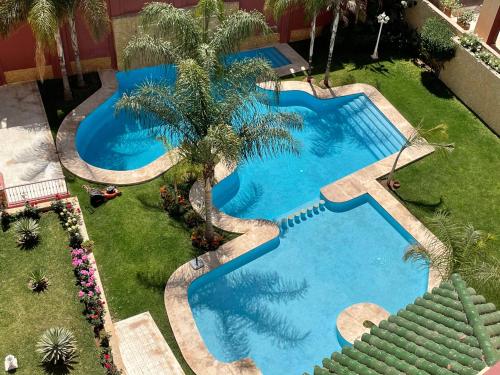 een uitzicht over een zwembad met palmbomen bij Chimera Apartments & Suites in Marrakesh