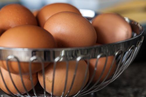a metal bowl filled with brown eggs on a counter at Hotel Stad en Land in Alkmaar