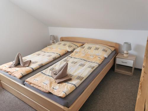 3 Betten in einem Zimmer mit zwei Inylinylinylen in der Unterkunft Apartmány u Hastrmana in Vyšší Brod