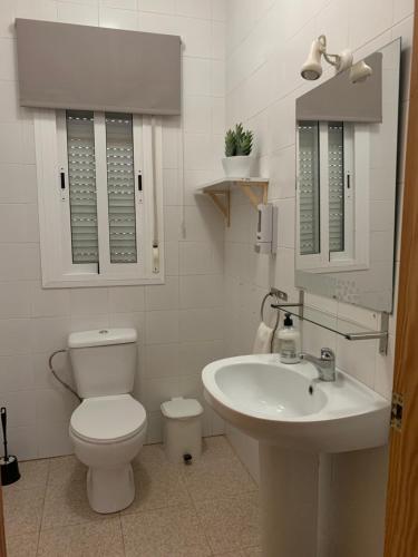 a white bathroom with a toilet and a sink at Casa Barbados en Agua Amarga in Agua Amarga