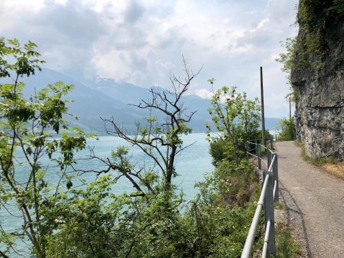 a road next to a body of water at Luxuriöses Galerie-Penthouse direkt am Walensee in Unterterzen