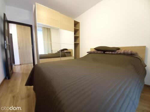ein Schlafzimmer mit einem großen Bett und einem Spiegel in der Unterkunft Apartamenty Warszawskie delux Siedmiogrodzka in Warschau