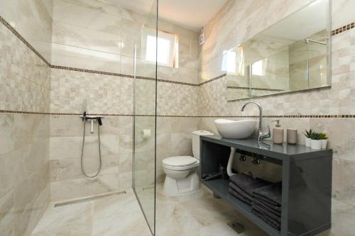 a bathroom with a shower and a toilet and a sink at Central Apartments in Kladovo