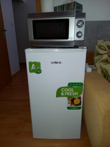 a microwave sitting on top of a refrigerator at Apartmán Šafran in Donovaly