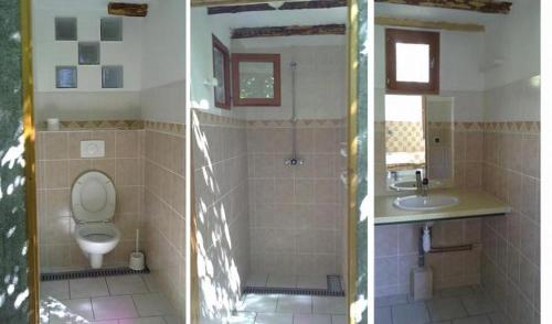 2 immagini di un bagno con servizi igienici e lavandino di "Verdon Yourtes" Camping à la ferme ad Angles