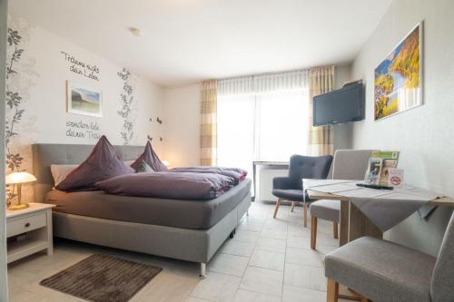 a bedroom with a bed and a chair and a desk at Landhaus Heimisch Bed & Breakfast in Geisfeld