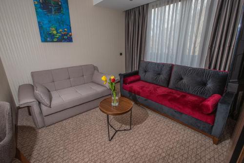 a living room with a couch and a table at Brezovica Hotel & SPA in Brezovicë