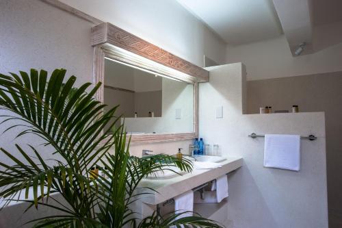een badkamer met een wastafel, een spiegel en een plant bij Medina Palms in Watamu