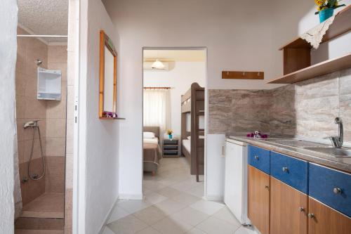 eine Küche mit einem Waschbecken und einer Dusche in einem Zimmer in der Unterkunft Lofos Kalamitsi in Kalamítsi