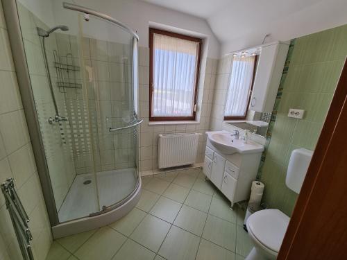 ein Bad mit einer Dusche, einem WC und einem Waschbecken in der Unterkunft Mónika apartman in Bük