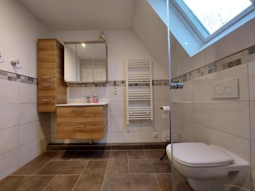 a bathroom with a toilet and a sink and a skylight at Ferienhaus Carpe diem in Krummhörn
