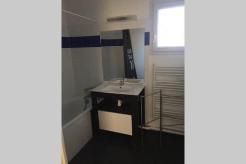 La petite salle de bains est pourvue d'un lavabo et d'une baignoire. dans l'établissement Villa Rose Près centre ville 4 chambres jardin, à Avignon