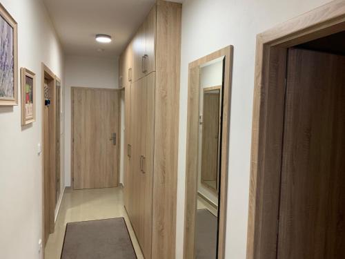 a hallway with wooden cabinets and a mirror at Apartment Rezidence - Javor & Wellness in Železná Ruda