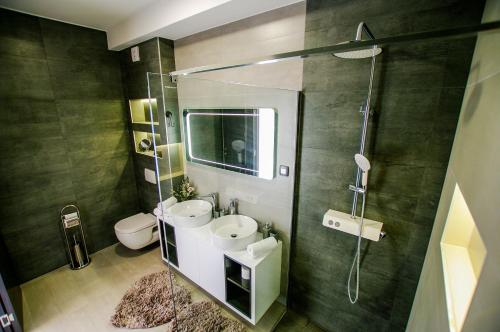 uma casa de banho com um chuveiro, 2 lavatórios e um WC. em Apartmani Hiza i Vila em Betina